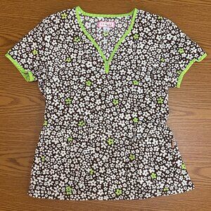 Brown Floral Scrub Top with Green Trim – V-Neck – Size M